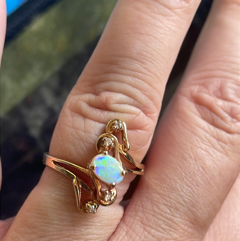 Opal Diamond Flourish Ring - 10k Gold - Vintage