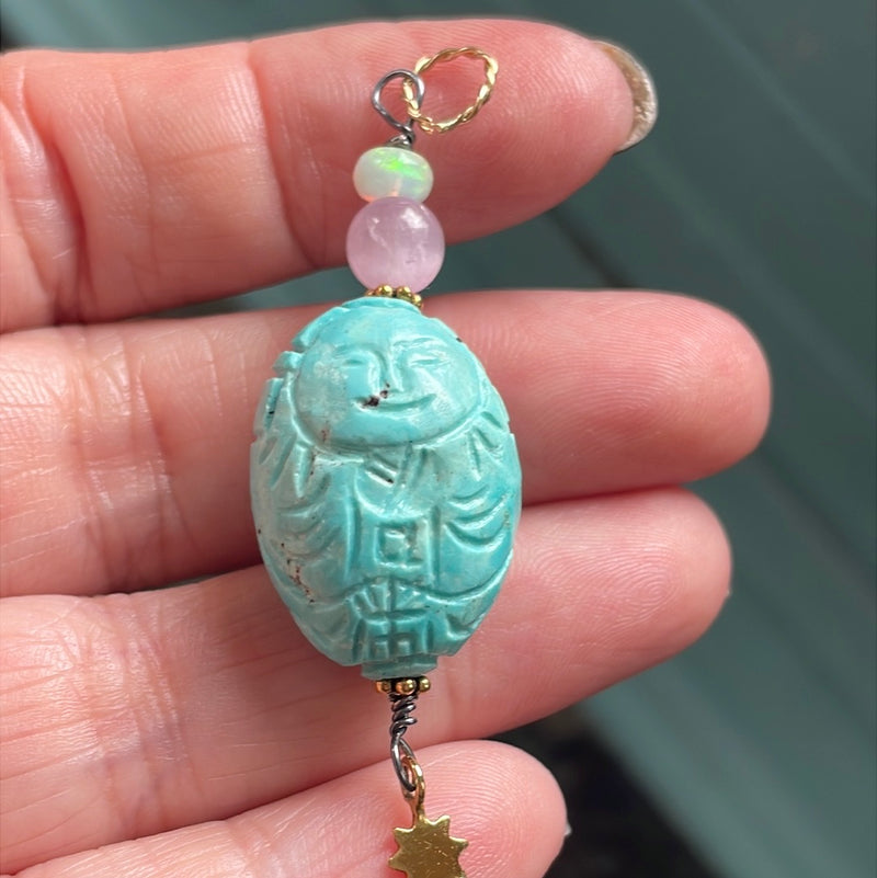 Carved Turquoise Buddha Pendant - Lavender Jade and Opal - Star Drop - Gold Filled - Handmade