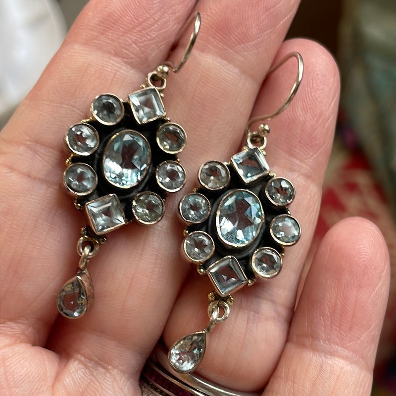 Blue Topaz Cluster Earrings - Sterling Silver - Vintage