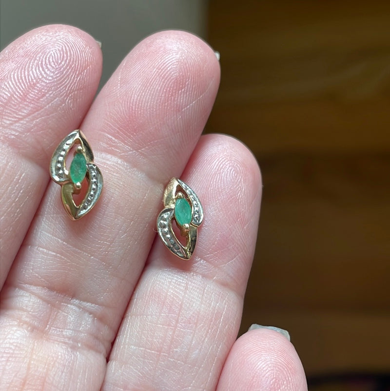 Emerald Marquise Earrings - 10k Gold - Vintage