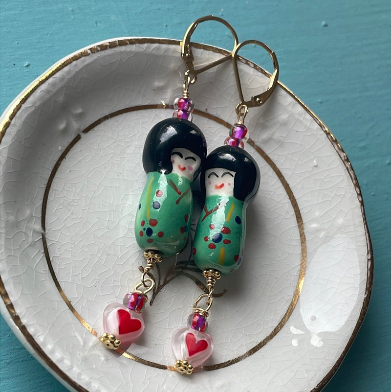 Kokeshi Sister Earrings - Gold Filled - Handmade