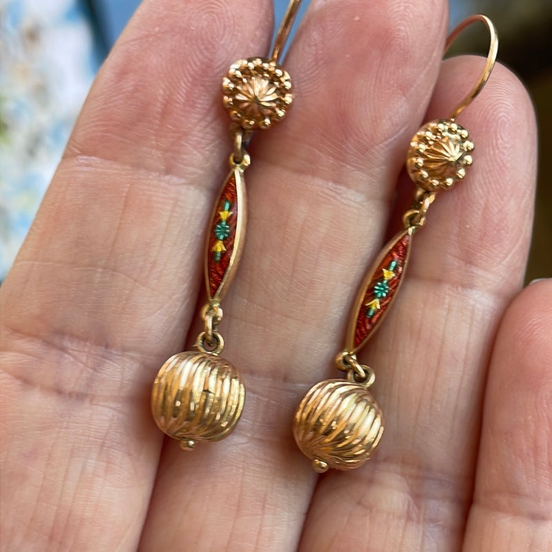Enamel Flower Orb Earrings - 14k Gold - Vintage