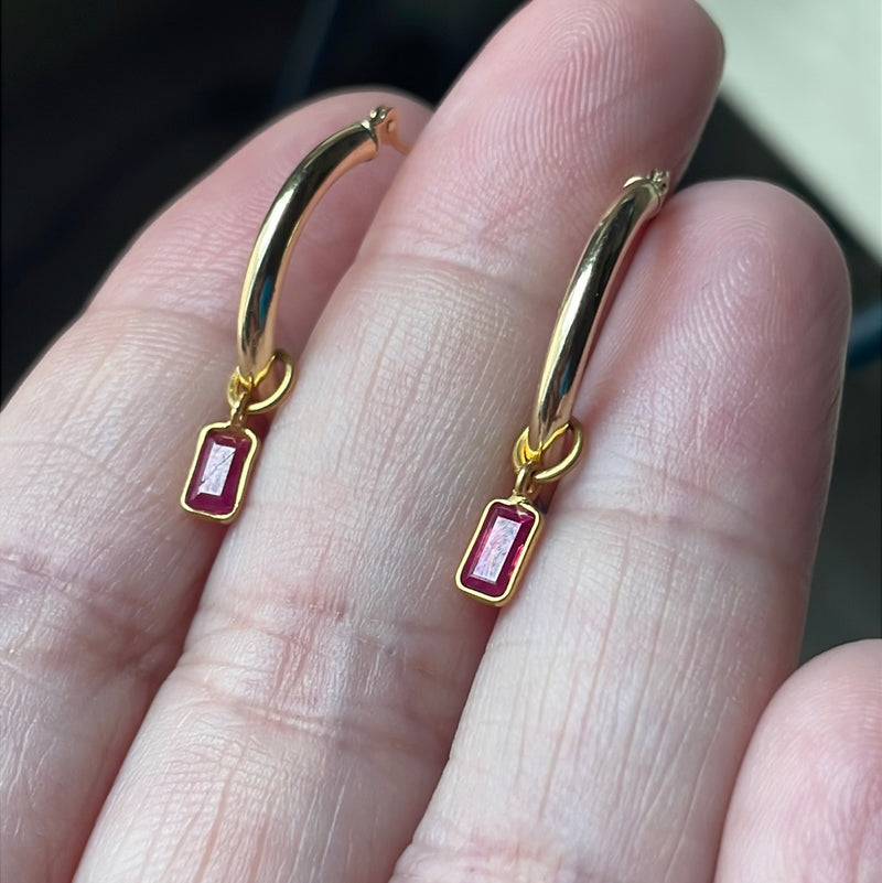 Ruby Hoop Earrings - 14k Gold Hoops - 18k Gold Drops - As Is