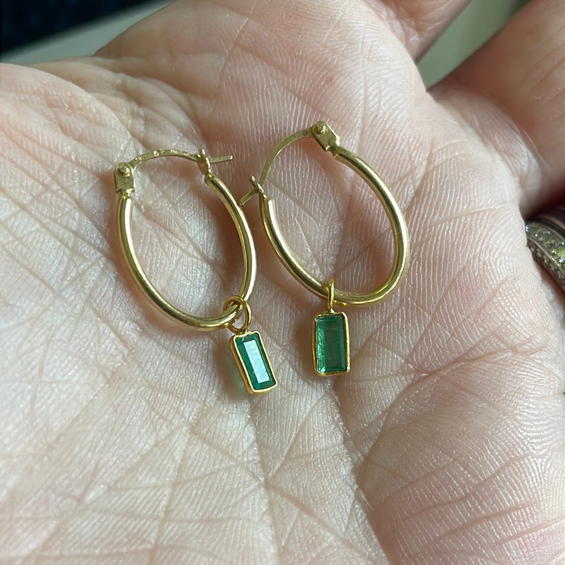 Emerald Oval Hoop Drop Earrings - 14k Gold Hoops and 18k Gold Drops - Vintage