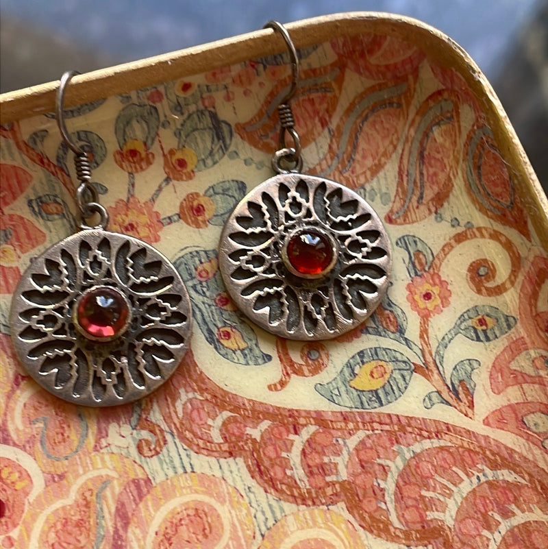 Garnet Medallion Earrings - Sterling Silver - Vintage