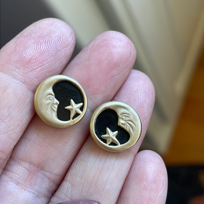 Moon Star Stud Earrings - Onyx - 14k Gold - Vintage