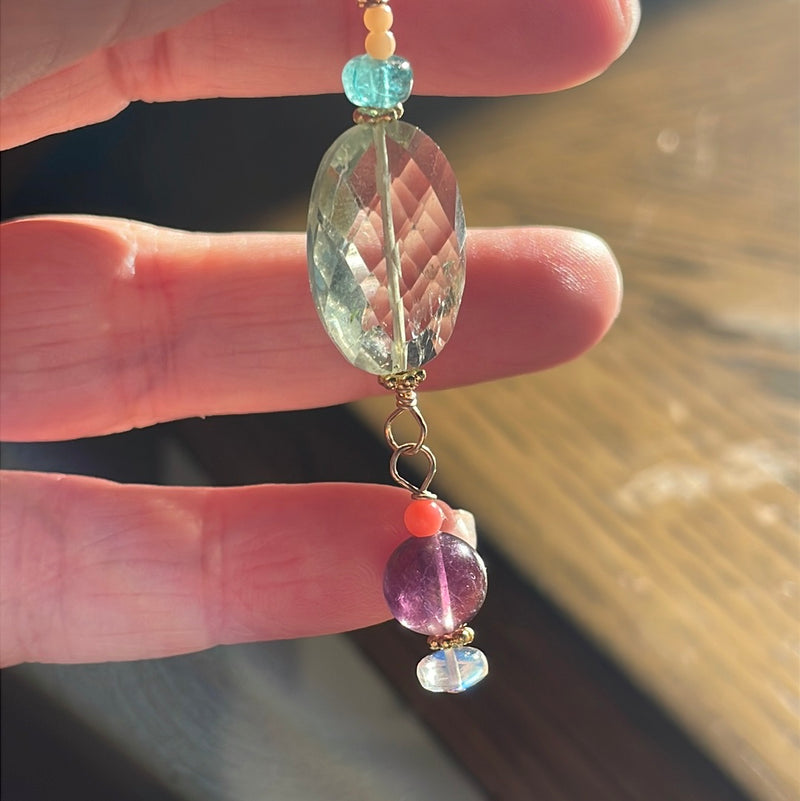 Gemstone Pendant - Prasiolite, Fluorite, Moonstone, Apatite and Coral - Gold Filled - Handmade