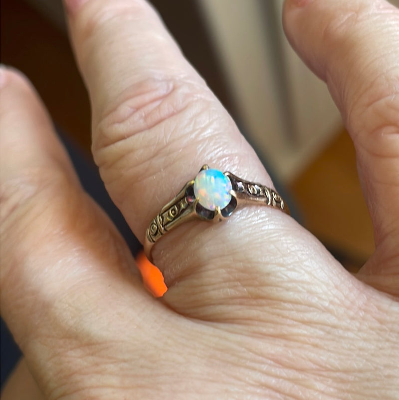 Opal Ring - Ornate Shoulders - 14k Rose Gold - Victorian - Antique