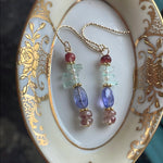 Emerald, Tanzanite, Andesine Labradorite and Seed Pearl Earrings - Gold Filled - Handmade