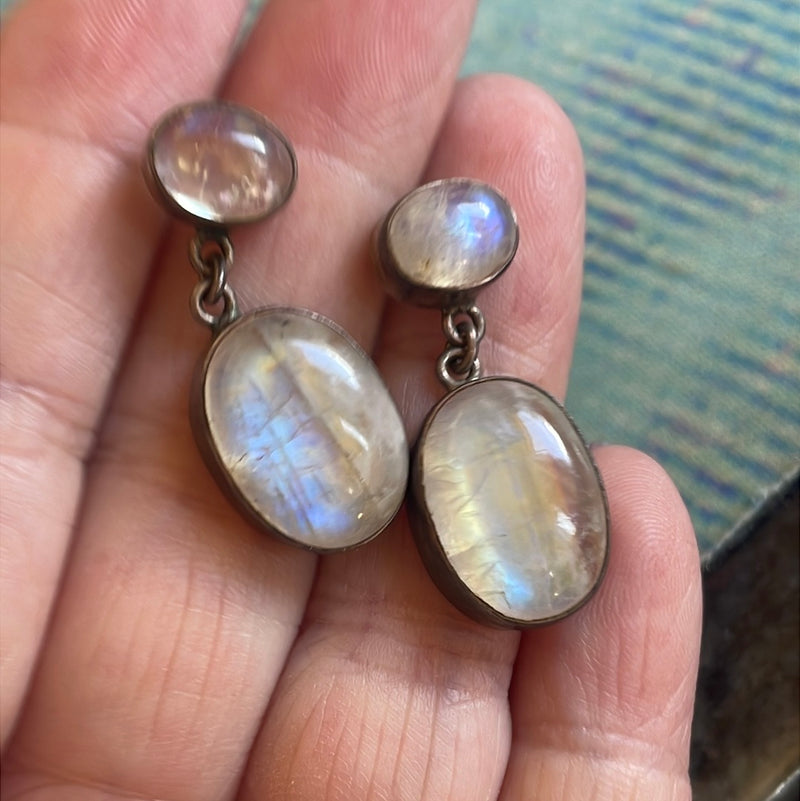 Moonstone Drop Earrings - Sterling Silver - Vintage