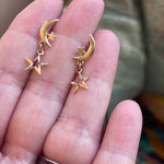 Moon Star Dangle Earrings - 14k Gold - Vintage