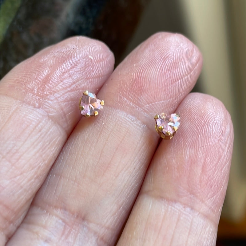 Pink CZ Heart Stud Earrings - 10k Gold - Vintage