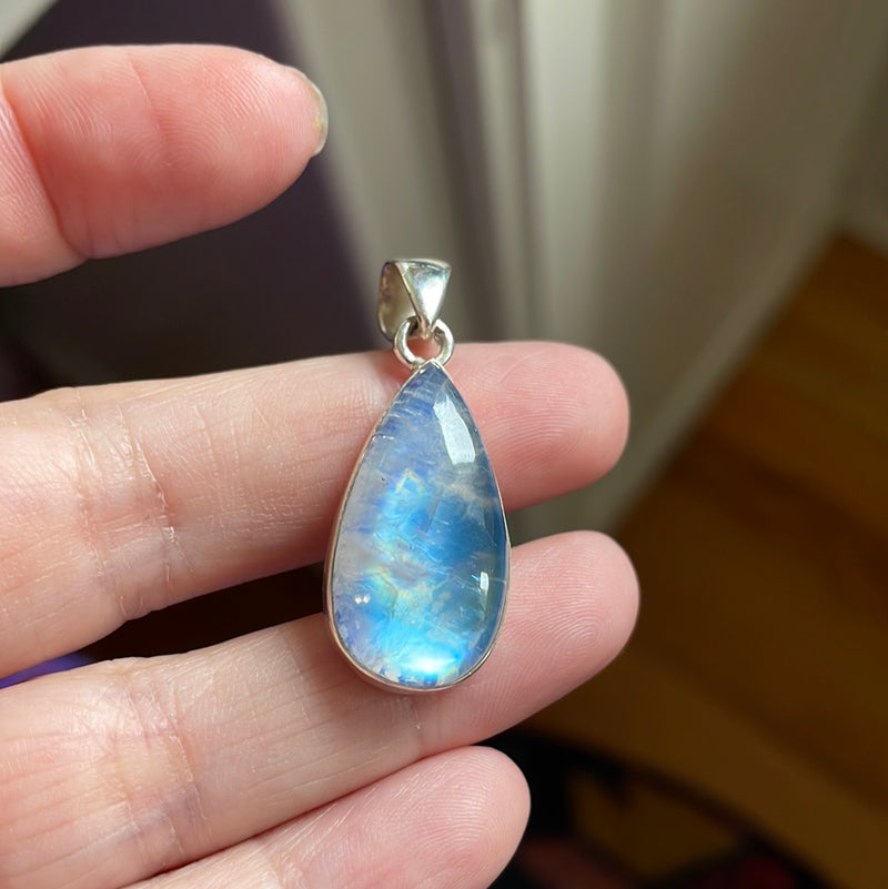 Moonstone Teardrop Pendant - Closed Back - Sterling Silver - Modern