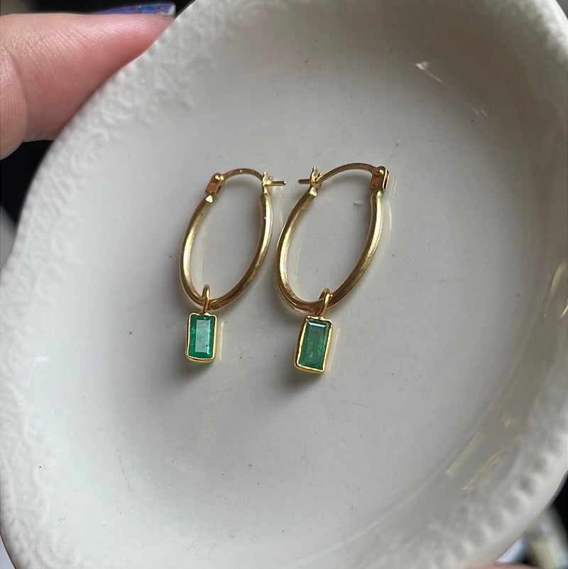 Emerald Oval Hoop Drop Earrings - 14k Gold Hoops and 18k Gold Drops - Vintage