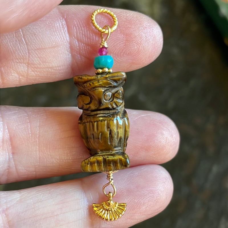 Carved Owl Pendant - Tiger’s Eye - Ruby and Turquoise - Gold Filled - Handmade