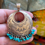 Engraved Turquoise Pendant - Sterling Silver - Vintage