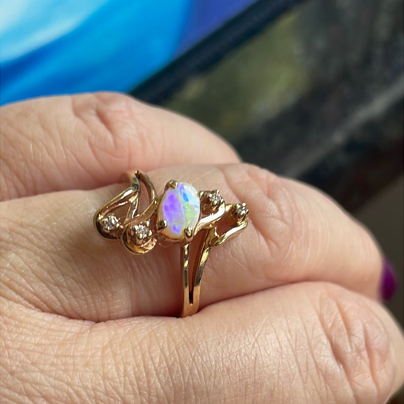 Opal Diamond Flourish Ring - 10k Gold - Vintage