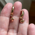 Rose Gold Heart Drop Hoop Earrings - 10k Gold - Vintage