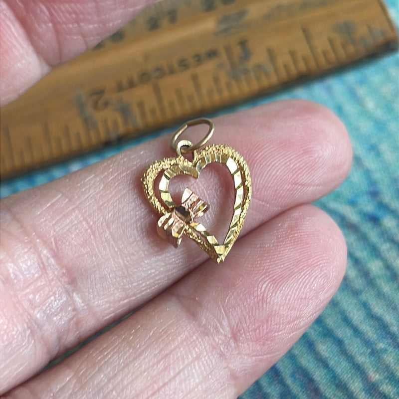 Heart Bow Pendant - Rose and Yellow Gold - 14k Gold - Vintage