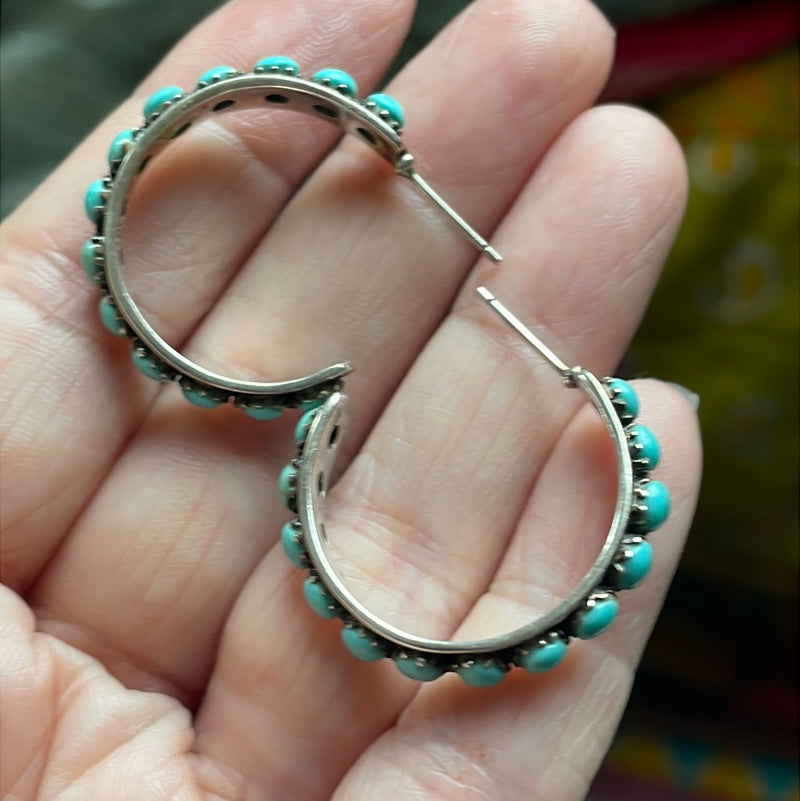 Turquoise Hoop Earrings - Sterling Silver - Vintage