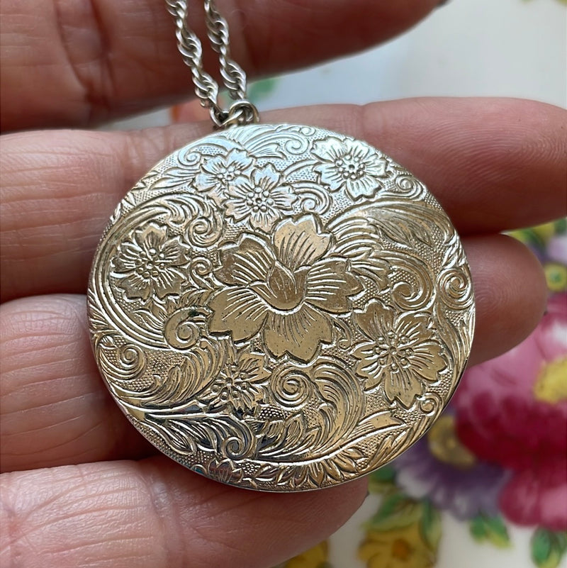 Engraved Large Flower Locket - Sterling Silver - Vintage