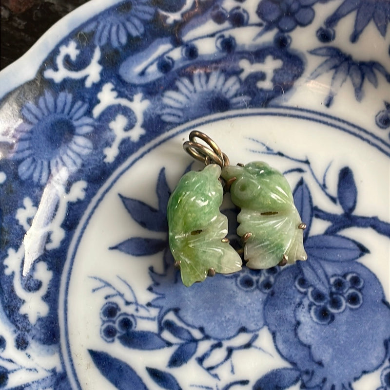 Carved Jade Double Fish Pendant - Sterling Silver - As Found