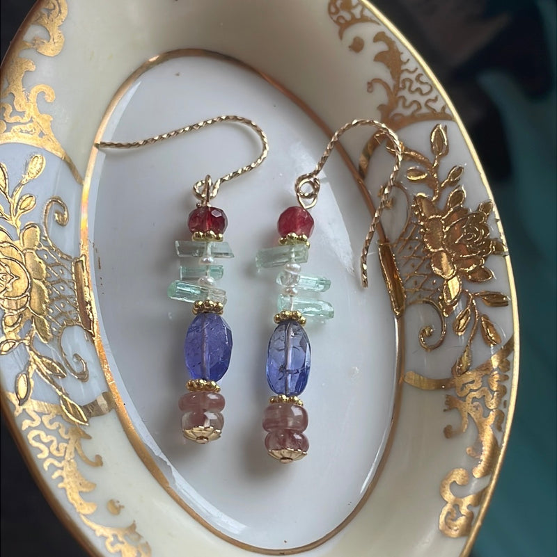 Emerald, Tanzanite, Andesine Labradorite and Seed Pearl Earrings - Gold Filled - Handmade