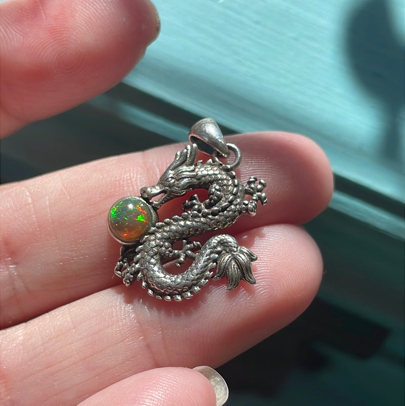 Opal Dragon Pendant - Sterling Silver - Vintage