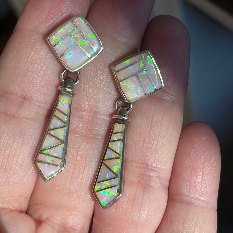 Opal Inlay Earrings - Sterling Silver - Vintage