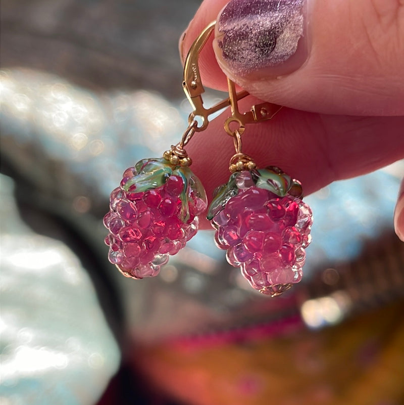 French Pink Berry Earrings - Gold Filled - Handmade