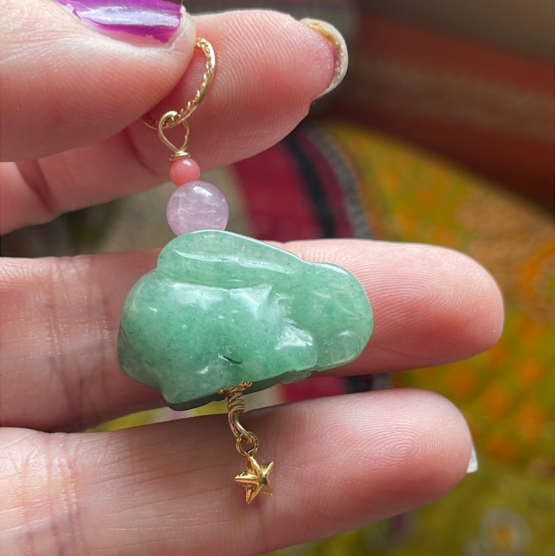 Carved Jade Rabbit Talisman - Lavender Jade - Coral - Star Drop - Gold Filled - Handmade