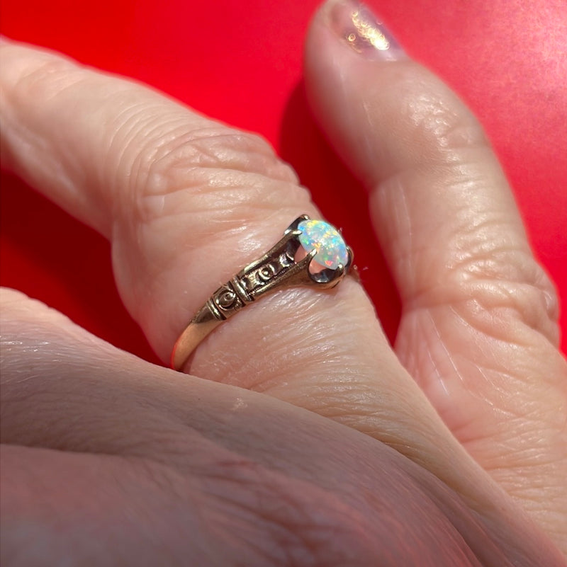 Opal Ring - Ornate Shoulders - 14k Rose Gold - Victorian - Antique