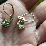 Emerald Diamond Flower Drop Earrings - 10k Gold - Vintage