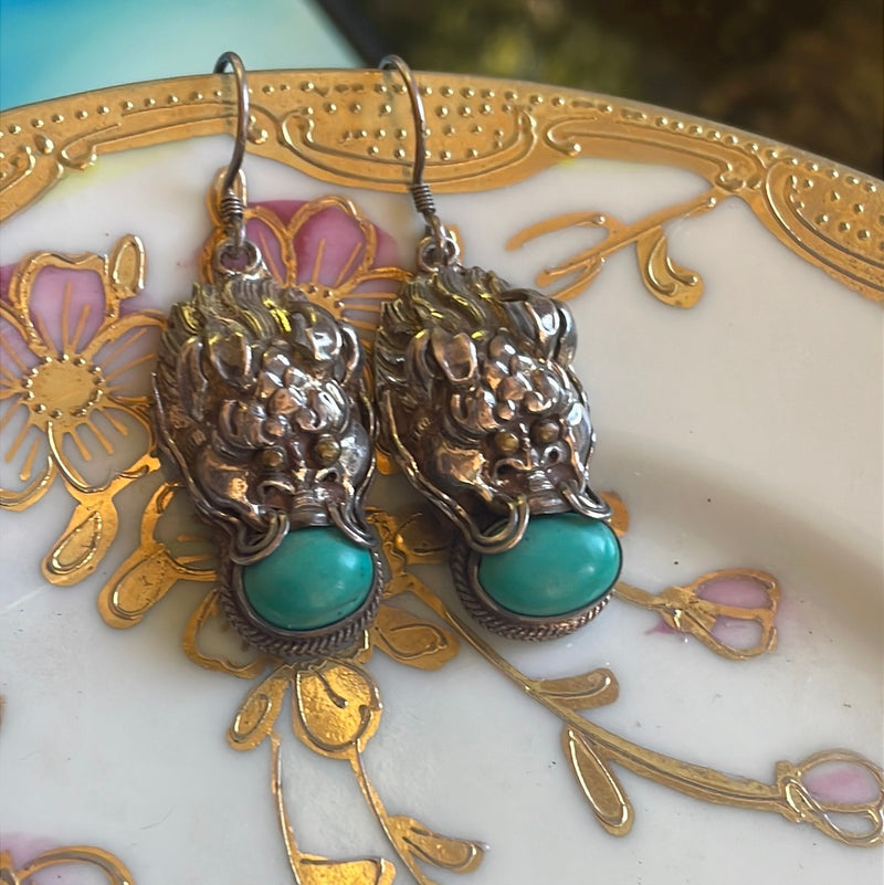 Turquoise Dragon Earrings - Sterling Silver - Vintage