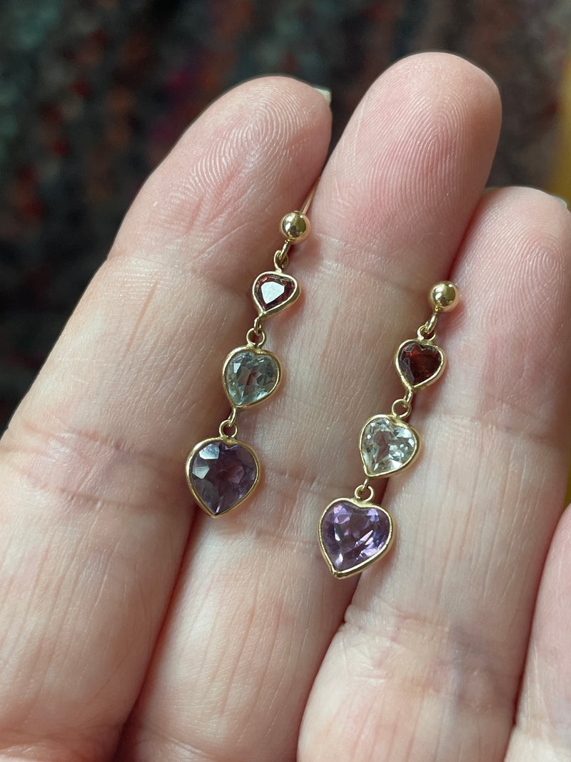 Amethyst, Aquamarine and Garnet Heart Drop Earrings 14k Gold