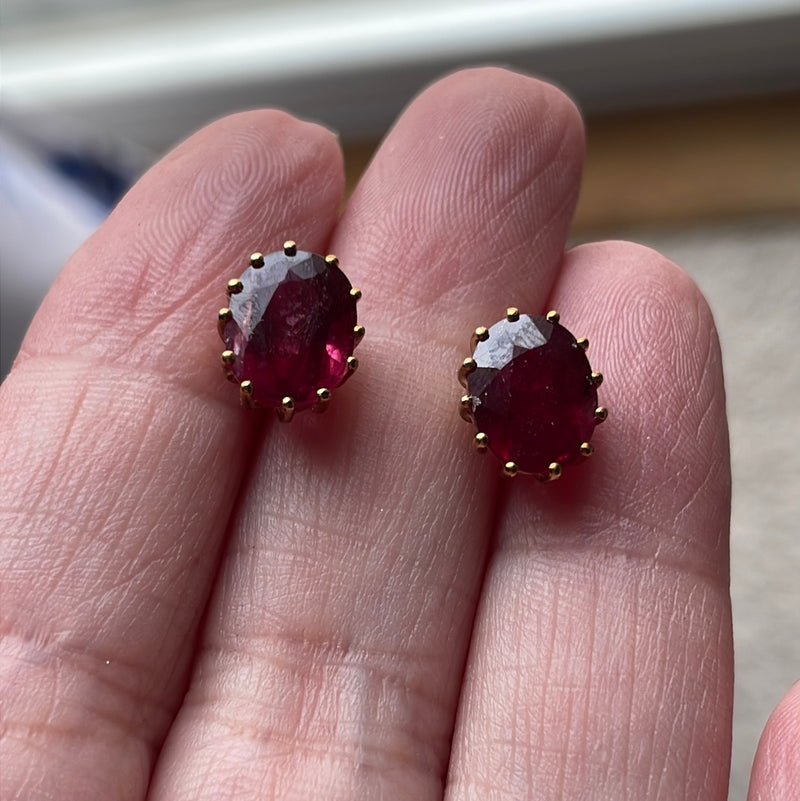 Large Ruby Stud Earrings - 10k Gold - Vintage