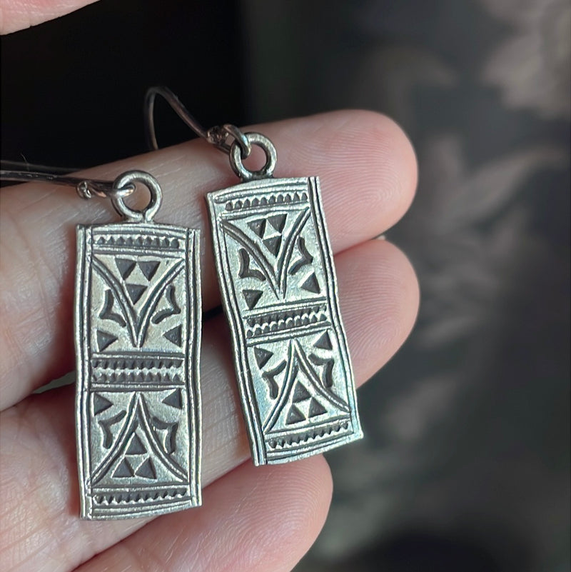 Rectangular Engraved Earrings - Sterling Silver - Vintage