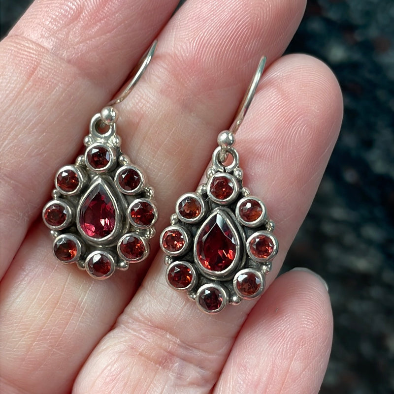 Garnet Cluster Earrings - Sterling Silver - Vintage