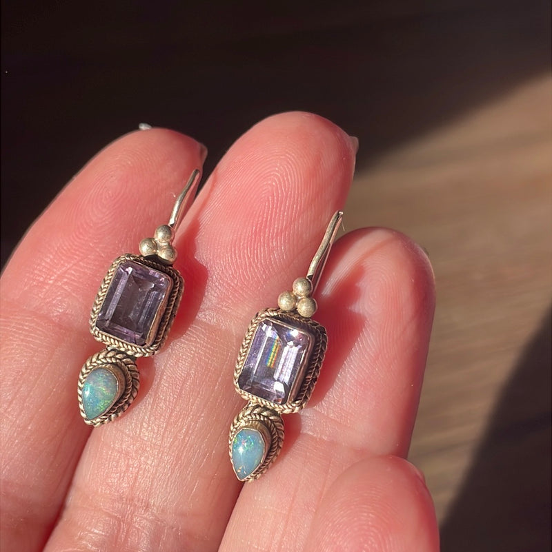 Amethyst Opal Drop Earrings - Sterling Silver - Vintage