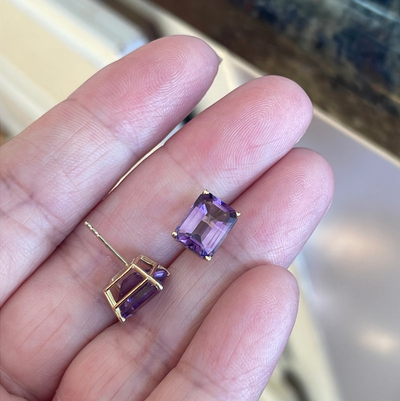 Amethyst Earrings - Emerald Cut - 14k Gold - Vintage