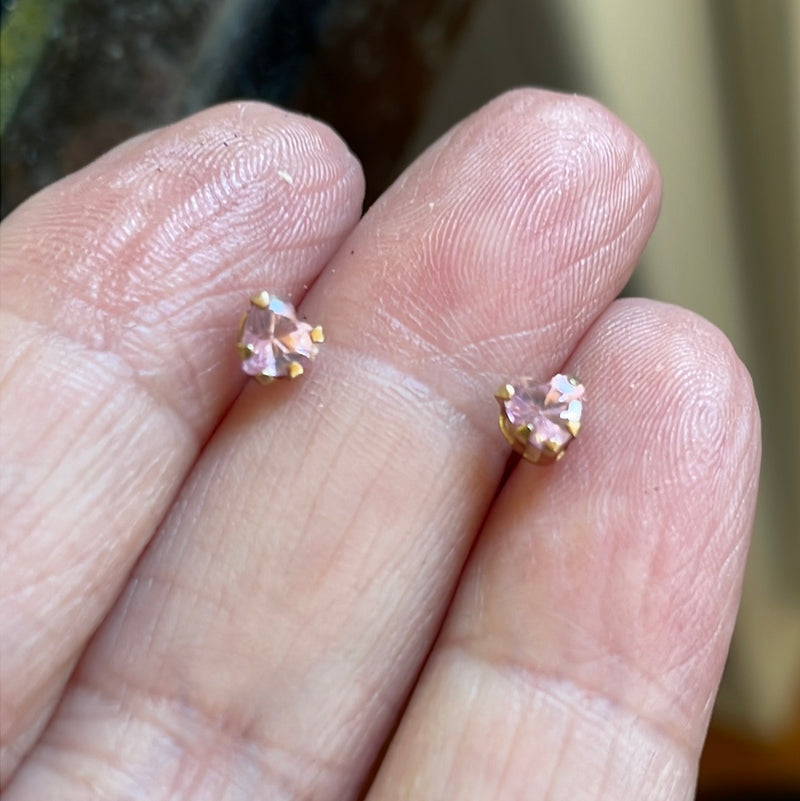 Pink CZ Heart Stud Earrings - 10k Gold - Vintage