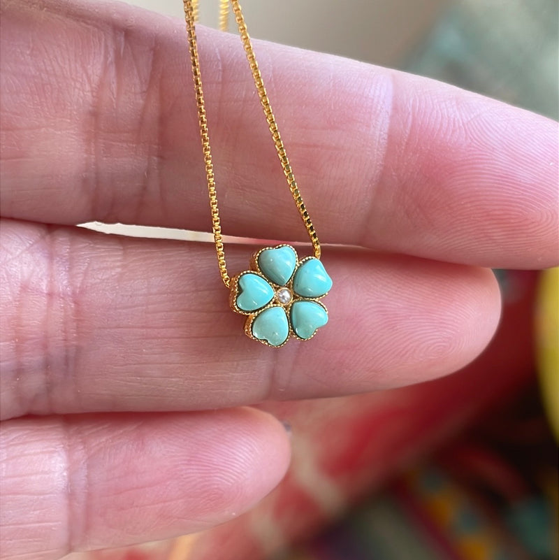 Turquoise Flower Necklace - Gold over Sterling - Modern