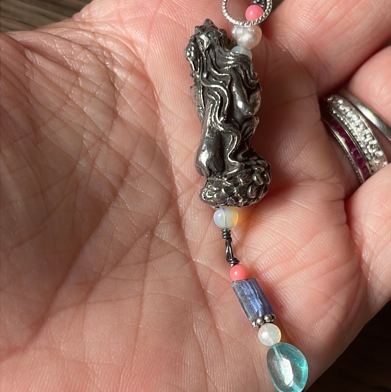 Mermaid Pendant - Apatite, Kyanite, Opal, Pearl and Coral - Pewter and Sterling Silver - Handmade