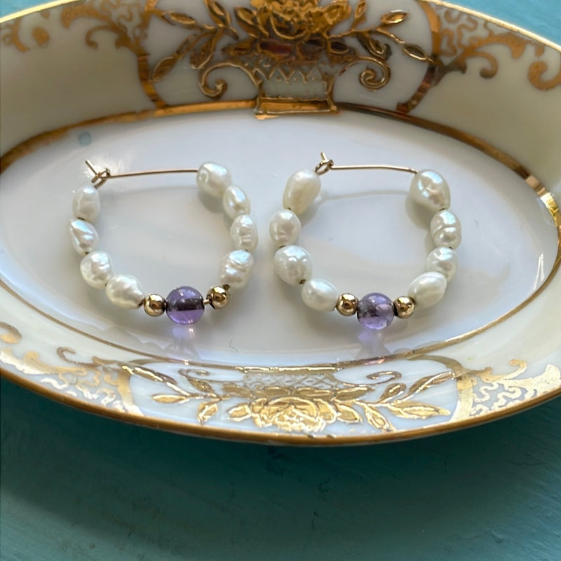 Pearl Amethyst Hoop Earrings - 14k Gold - Vintage