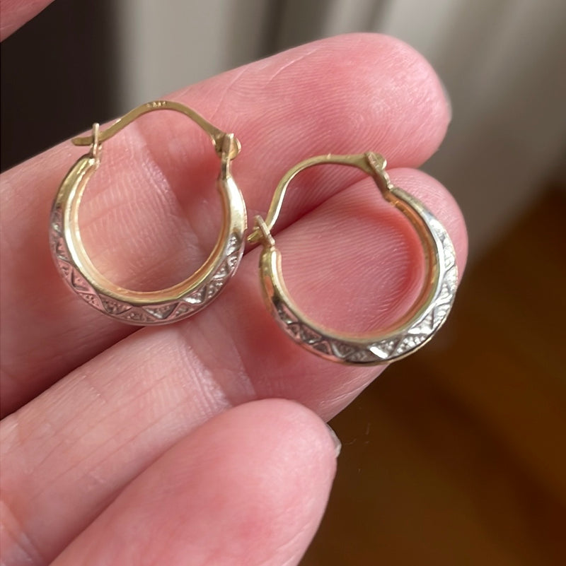 Ornate White and Yellow Gold Hoop Earrings - 14k Gold - Vintage