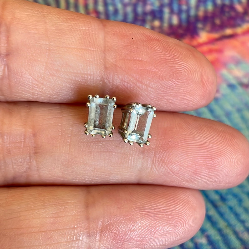 Aquamarine Earrings - Emerald Cut - 10k White Gold - Vintage