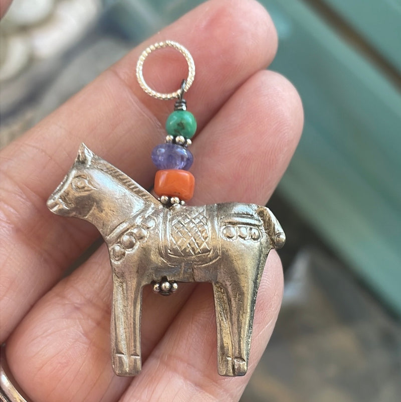 Horse Pendant - Coral, Tanzanite and Turquoise - Sterling Silver - Vintage