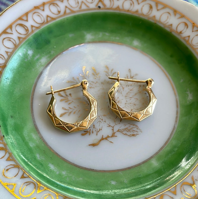 Patterned Hoop Earrings - 14k Gold - Vintage