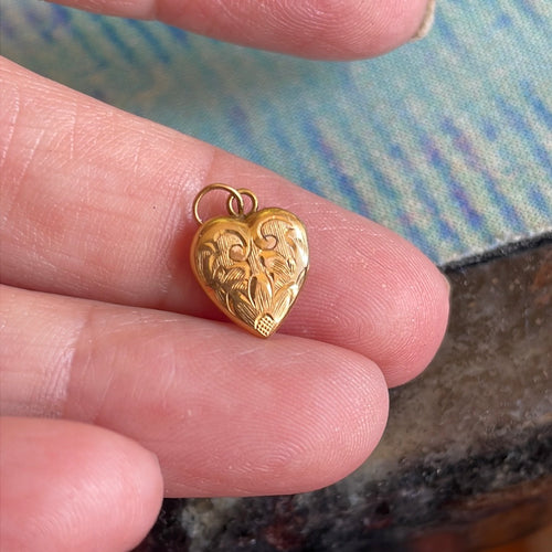 10K Gold Filled Etched Flower Design Heart Locket Pendant With