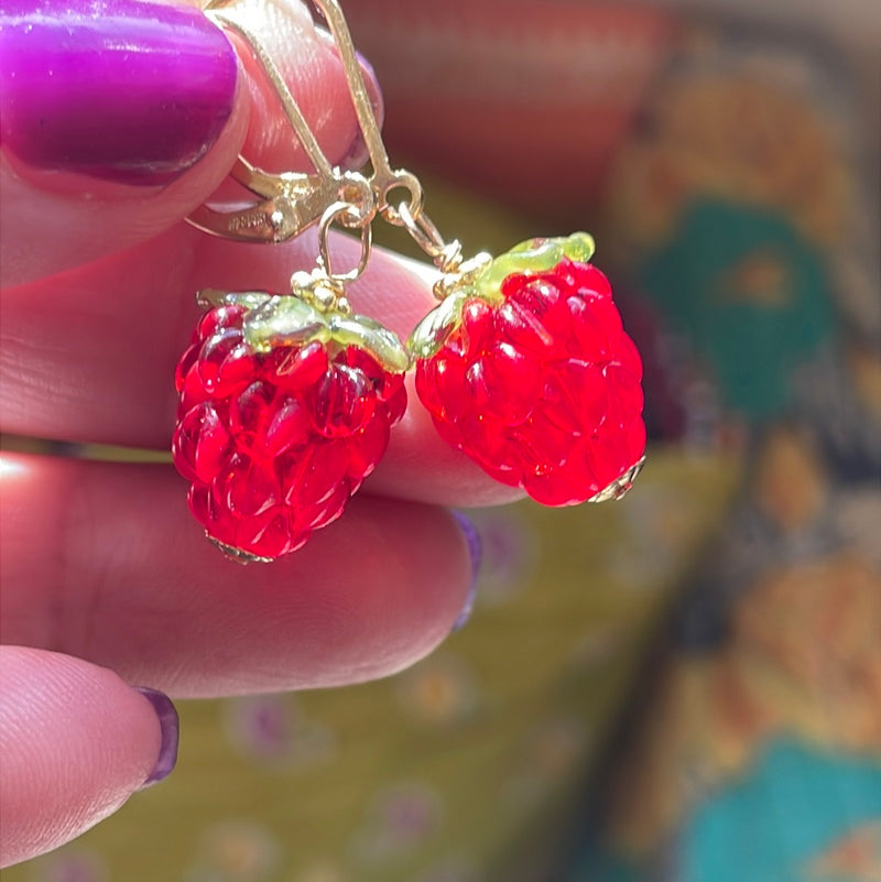 Ruby Glass Berry Earrings - Gold Filled - Handmade